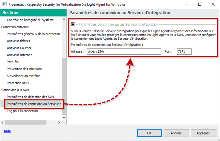 Configurer les paramètres dans la section Paramètres de connexion au Serveur d'intégration dans la stratégie du Light Agent de Kaspersky Security for Virtualization 5.x