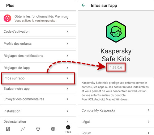 Consulter le numéro de version de Kaspersky Safe Kids pour Android sur l'appareil d'un parent.