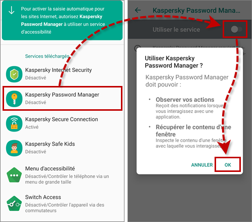Activer Kaspersky Password Manager dans les services d'accessibilité de l'appareil
