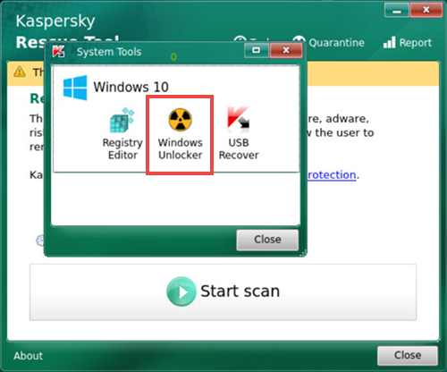 Lancer l'utilitaire Windows Unlocker depuis Kaspersky Rescue Tool