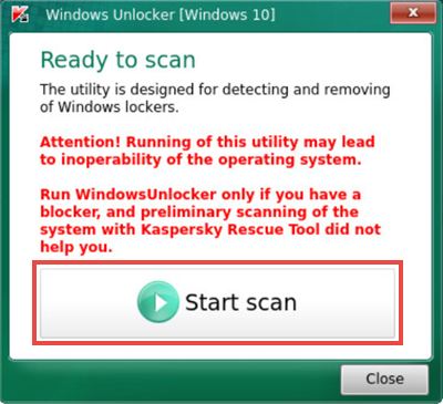 Lancer l'analyse avec l'utilitaire Windows Unlocker dans Kaspersky Rescue Disk 18