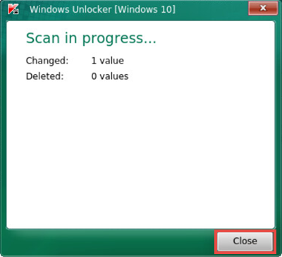 Fermer l'utilitaire Windows Unlocker dans Kaspersky Rescue Disk 18