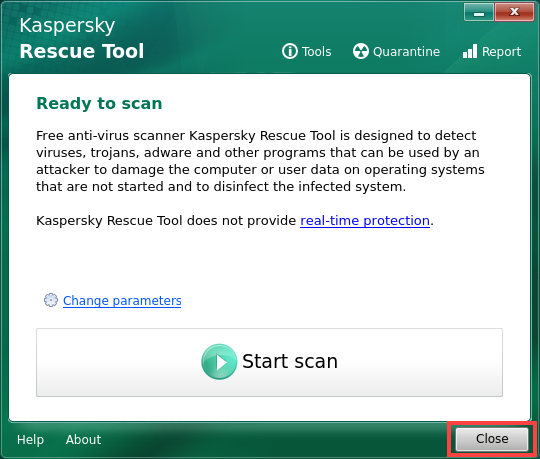 Quitter l'utilitaire Kaspersky Rescue Tool