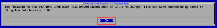 Notification sur l'enregistrement du fichier avec les informations sur le matériel réussi dans Kaspersky Rescue Disk