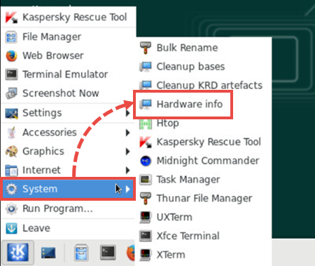 Lancer l'utilitaire Hardware info depuis le menu de Kaspersky Rescue Disk 18