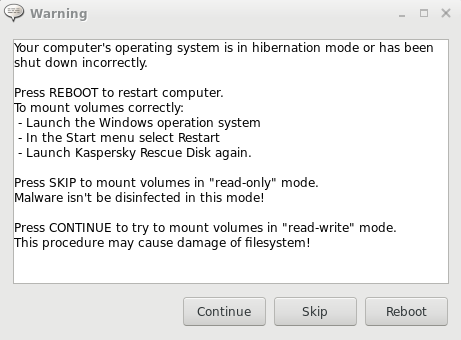 Erreur de montage des volumes dans Kaspersky Rescue Disk 18
