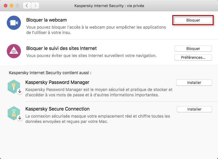 Bloquer l'accès à la webcam à l'aide de Kaspersky Internet Security for Mac