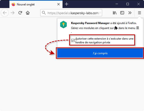 Autoriser l'extension Kaspersky Password Manager à s'exécuter dans la navigation privée dans Mozilla Firefox
