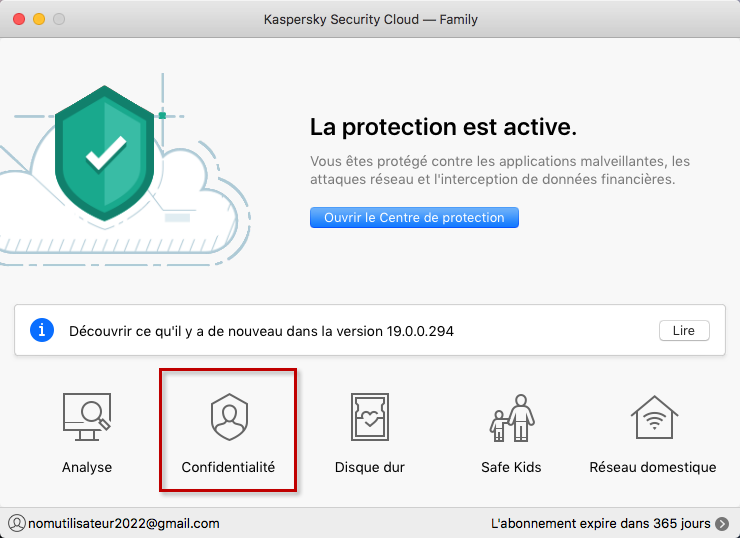 Accéder aux paramètres de la confidentialité dans Kaspersky Security Cloud 19 for Mac