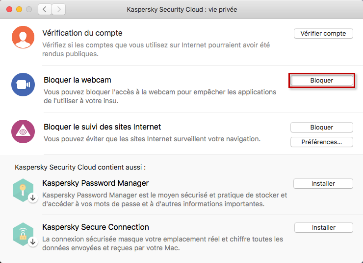 Bloquer la webcam dans Kaspersky Security Cloud 19 for Mac