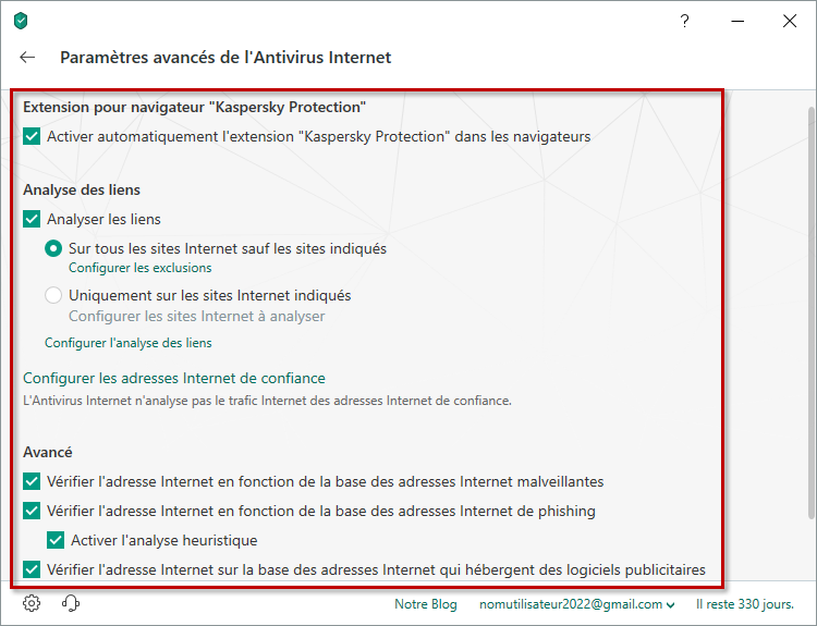 Configuration avancée de l'Antivirus Internet dans Kaspersky Total Security 19