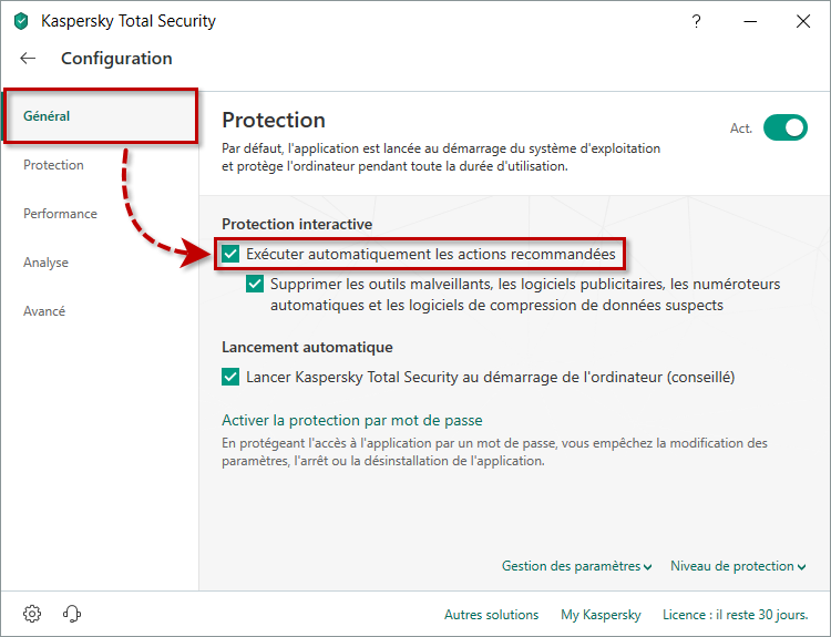 Activer le mode de protection automatique ou interactive dans Kaspersky Total Security 19