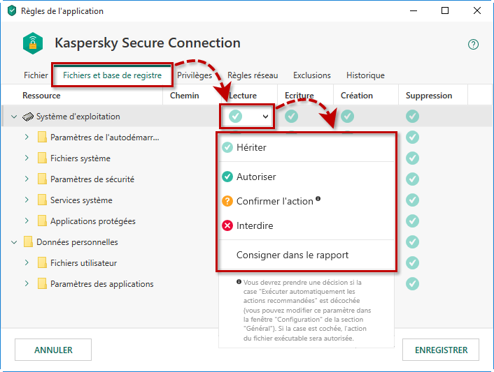 Configurez les règles pour les fichiers et base de registre dans Kaspersky Total Security 19