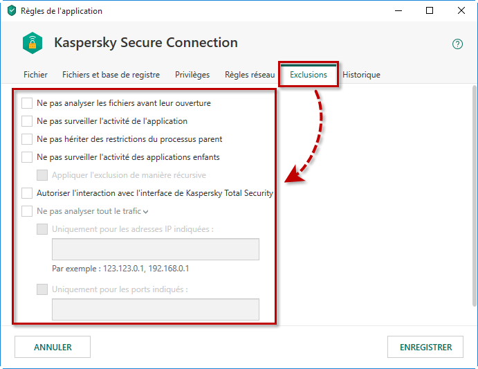 Configurez les exclusions pour les applications dans Kaspersky Total Security 19