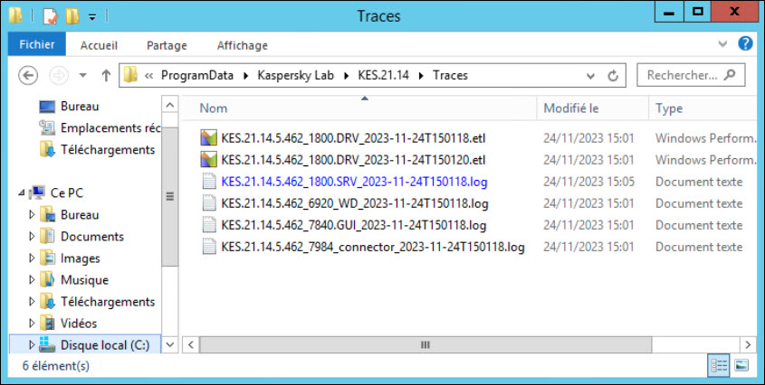Fichiers de traces de Kaspersky Endpoint Security for Windows.