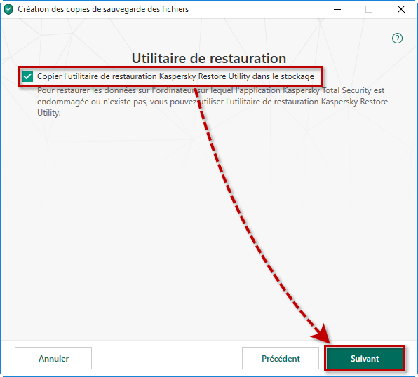 Copier l'utilitaire de restauration Kaspersky Restore Utility dans le stockage dans Kaspersky Security Cloud 19