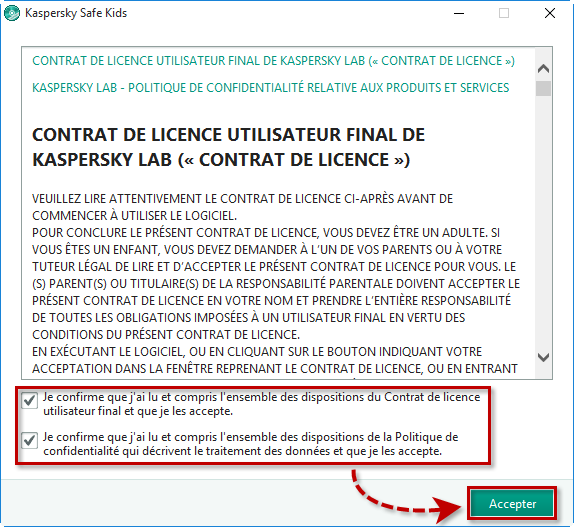 Accepter le Contrat de licence et la Politique de confidentialité dans Kaspersky Safe Kids