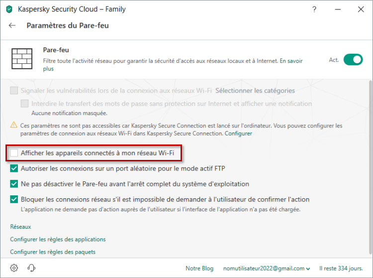Désactiver les notifications sur les nouveaux appareils connectés au réseau Wi-FI dans Kaspersky Security Cloud 19