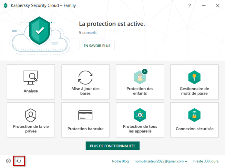 Accéder à la fenêtre Support Technique dans Kaspersky Security Cloud 19