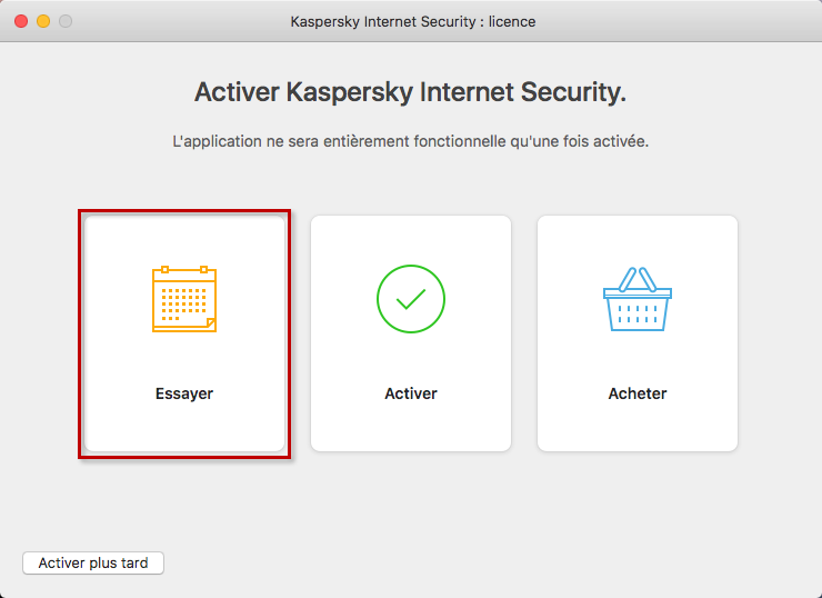 Accéder à l'activation de la version dévaluation dans Kaspersky Internet Security 19 for Mac