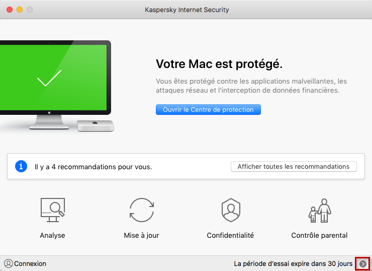 Accéder à l'activation de Kaspersky Internet Security 19 for Mac