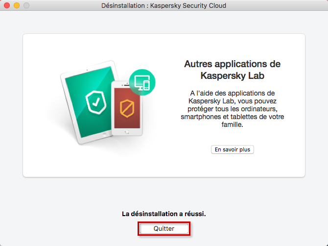 La désinstallation de Kaspersky Security Cloud 19 for Mac a réussi