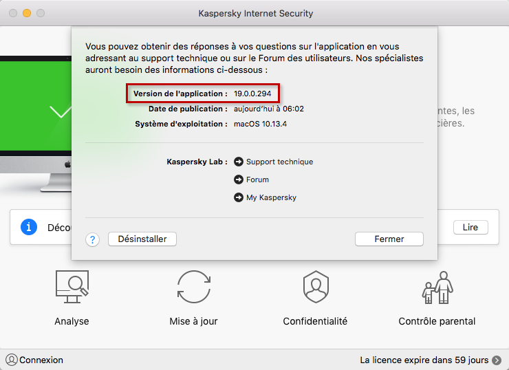 Consulter le numéro de version de Kaspersky Internet Security 19 for Mac