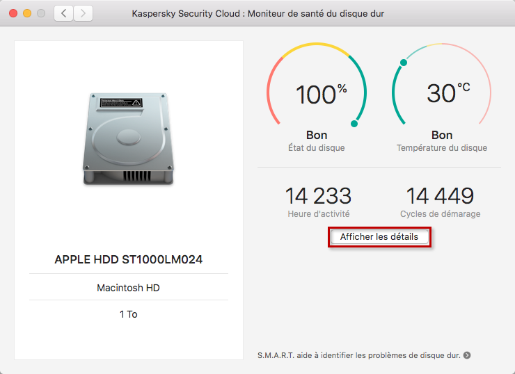 Moniteur de santé du disque dur dans Kaspersky Security Cloud 19 for Mac