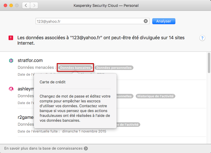 Consulter les recommandations sur la protection de données qui pourraient être divulguées dans Kaspersky Security Cloud 19 for Mac