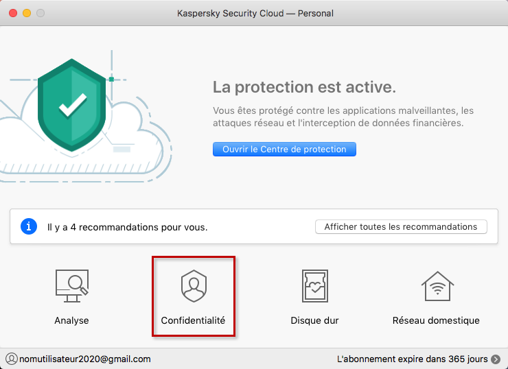 Accéder aux paramètres de la confidentialité dans Kaspersky Security Cloud 19 for Mac