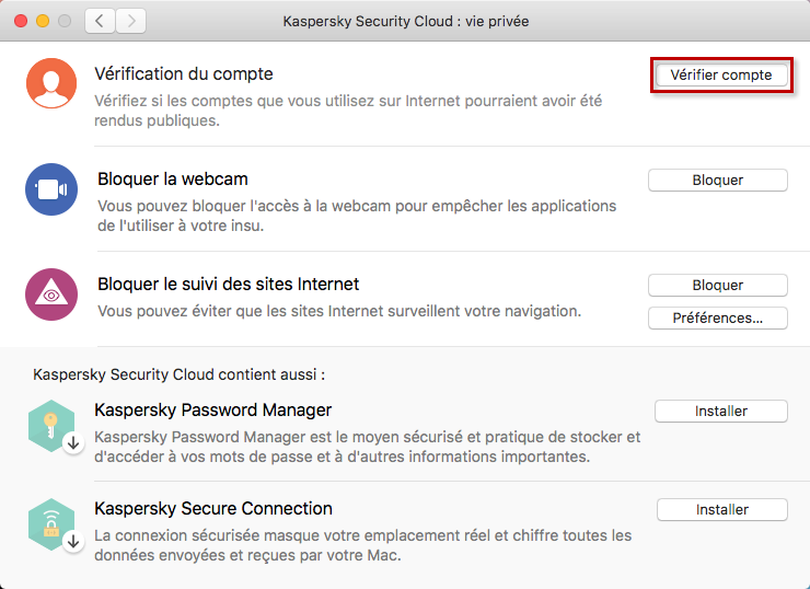 Accéder à la vérification d'un compte dans Kaspersky Security Cloud 19 for Mac