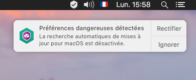 Notification sur les préférences dangereuses détectées dans Kaspersky Security Cloud 19 for Mac