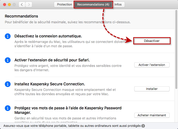 Implémenter l'ajustement de la protection recommandé dans Kaspersky Security Cloud 19 for Mac