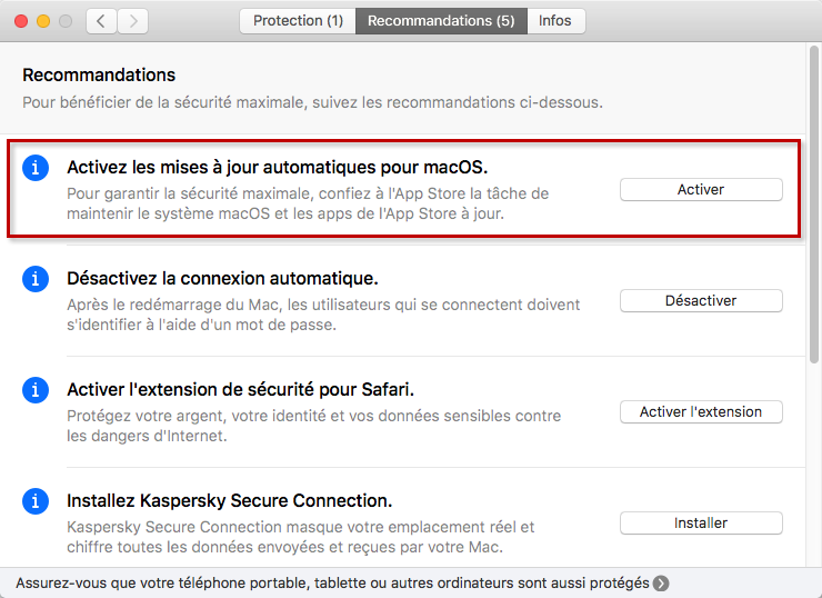 Recommandation sur l'activation de la mise à jour automatique du macOS dans Kaspersky Security Cloud 19 for Mac