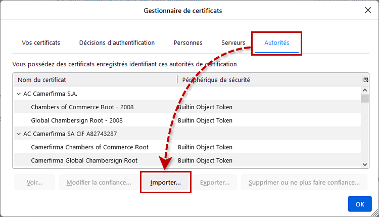 Passer à l'importation du certificat racine dans le stockage des certificats de Mozilla Firefox