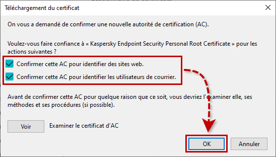 Importer le certificat racine de Kaspersky dans le stockage des certificats de Mozilla Firefox.