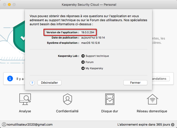 Consulter le numéro de version de Kaspersky Security Cloud 19 for Mac