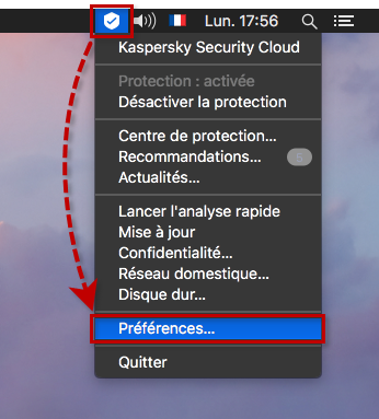 Accéder aux préférences de Kasperky Security Cloud 19 for Mac