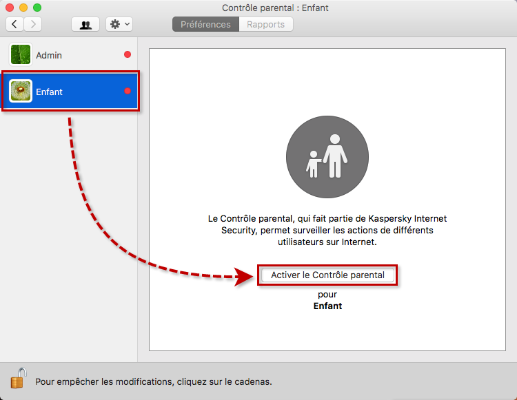 Sélectionner le compte utilisateur pour configurer le Contrôle parental dans Kaspersky Internet Security 19 for Mac