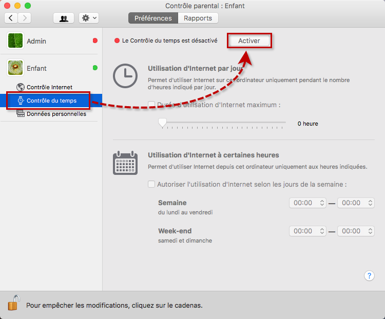 Accéder à la configuration du temps d'utilisation d'Internet dans Kaspersky Internet Security 19 for Mac
