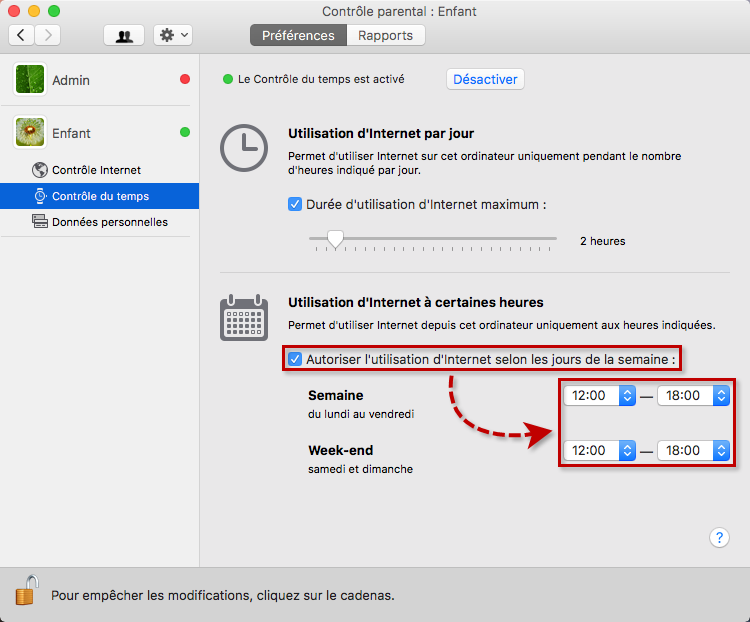 Configurer le temps d'utilisation d'Internet aux heures indiquées dans Kaspersky Internet Security 19 for Mac