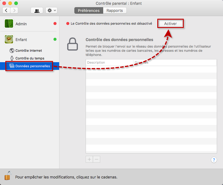 Accéder à la configuration du contrôle des données personnelles dans Kaspersky Internet Security 19 for Mac