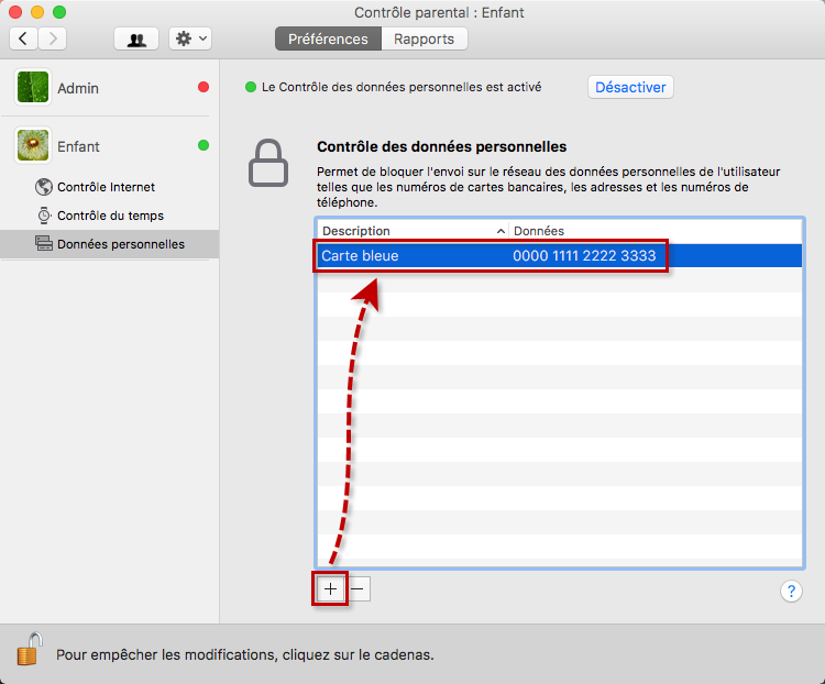 Ajouter le numéro de la carte bancaire dans le contrôle des données personnelles dans Kaspersky Internet Security 19 for Mac