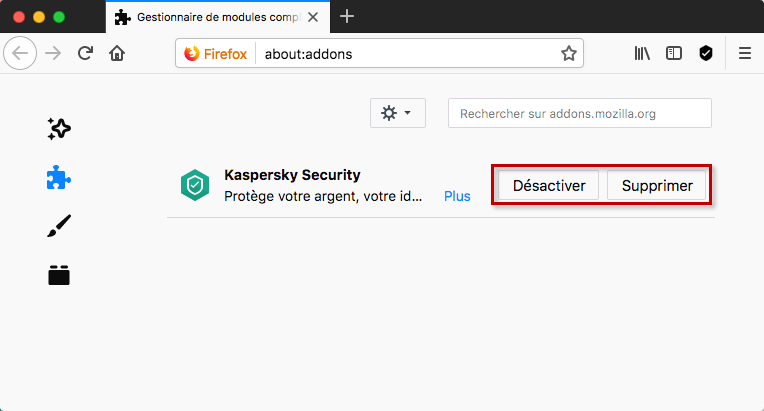 Désactiver l'extension Kaspersky Security 19 dans Mozilla Firefox