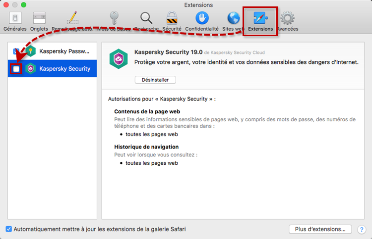 Désactiver l'extension Kaspersky Security 19 dans Safari