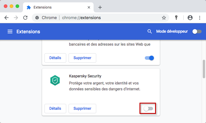 Désactiver l'extension Kaspersky Security 19 dans Google Chrome