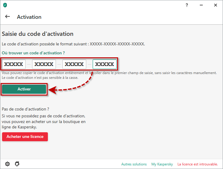 Activer l'application de Kaspersky avec un code d'activation