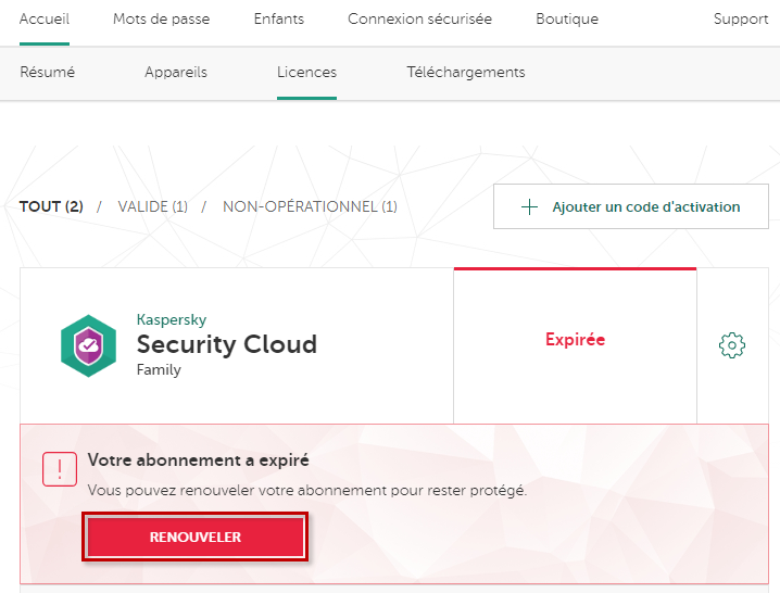 Passer au renouvellement de l'abonnement dans Kaspersky Security Cloud