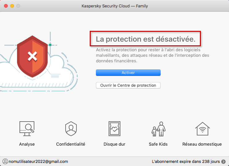 Message « La protection est désactivée » dans la fenêtre principale de Kaspersky Security Cloud 19 for Mac