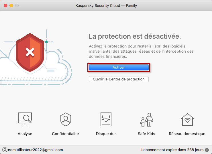 Activer la protection depuis la fenêtre principale de Kaspersky Security Cloud 19 for Mac